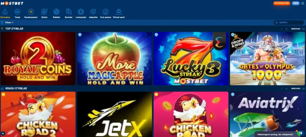 Barcha o'yin avtomatlari bilan Mostbet kazinosi