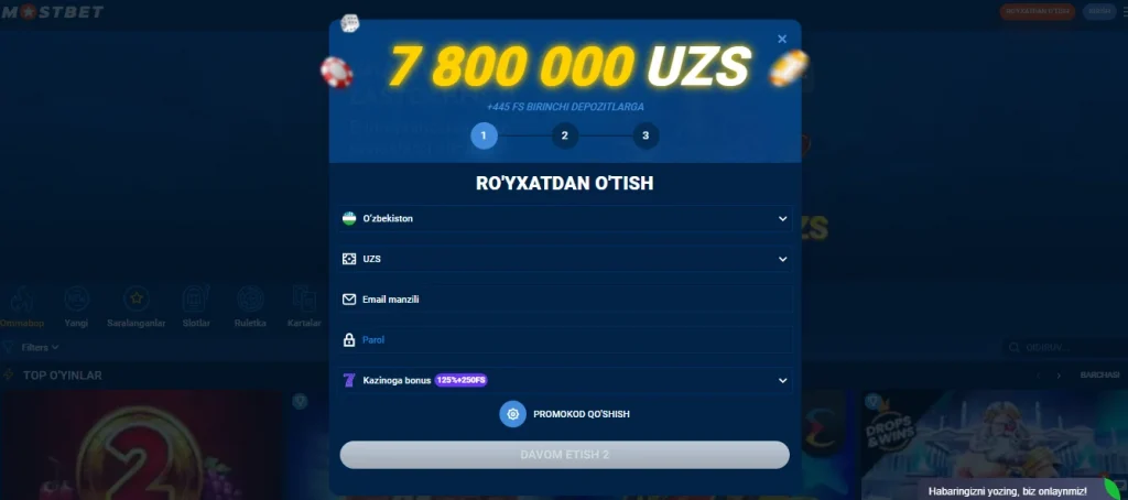Mostbet rasmiy veb-saytida ro'yxatdan o'tish shakli